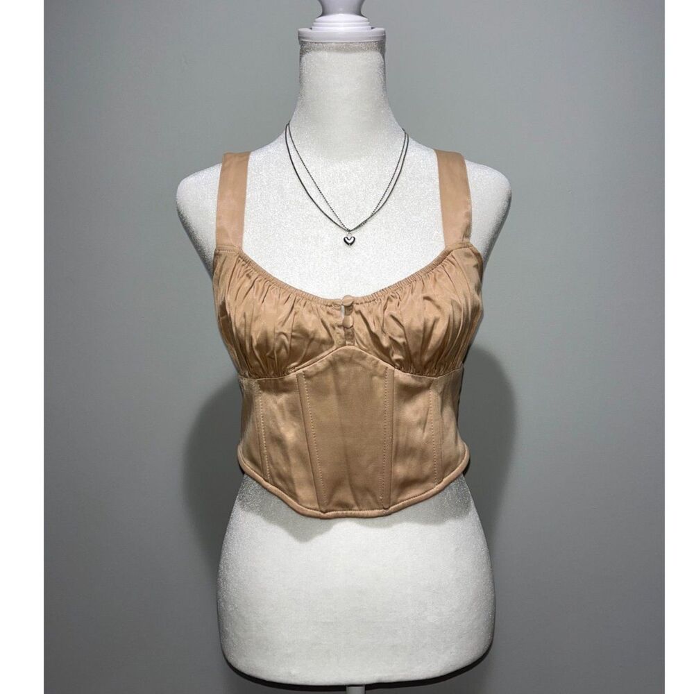 ZARA Ruched Corset Style Cami Crop Tank Mocha Brown Top S